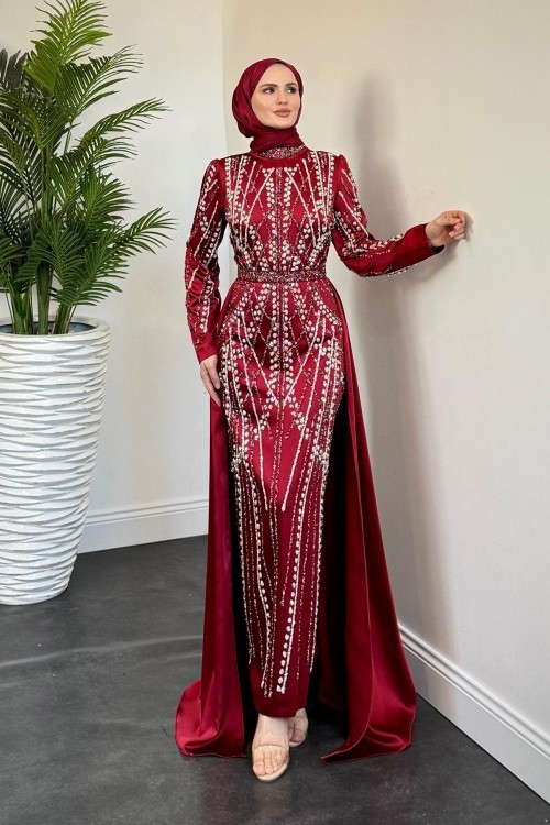 Parla Pelerinli Simli Abiye Bordo