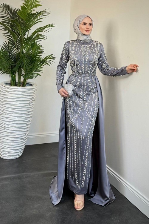 Parla Pelerinli Simli Abiye Gri