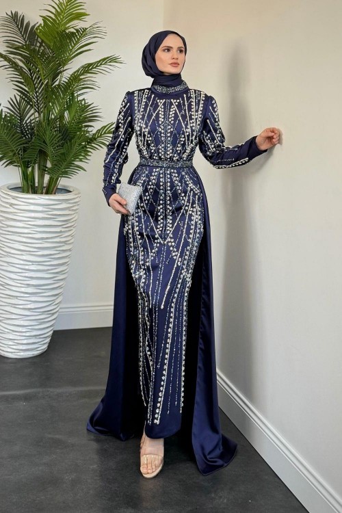 Parla Pelerinli Simli Abiye Lacivert