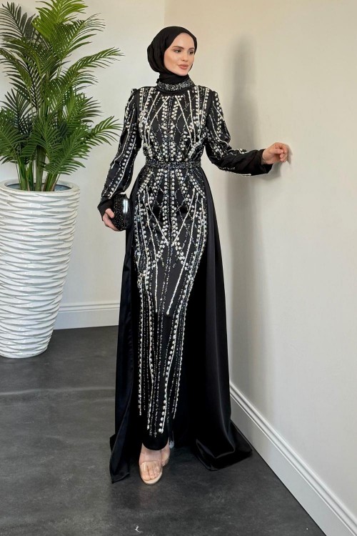 Parla Pelerinli Simli Abiye Siyah