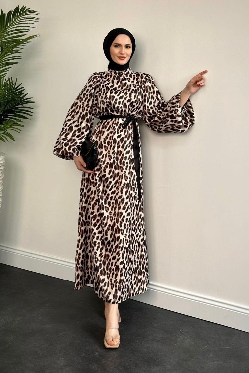 Patric Balon Kol Leopar Elbise Kahverengi