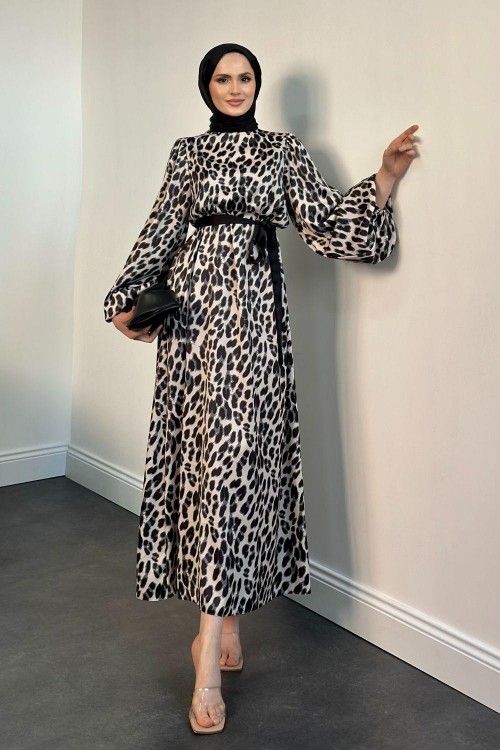Patric Balon Kol Leopar Elbise Krem