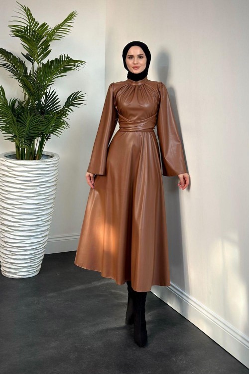 Pauline Çapraz Kemer Deri Elbise Kahverengi