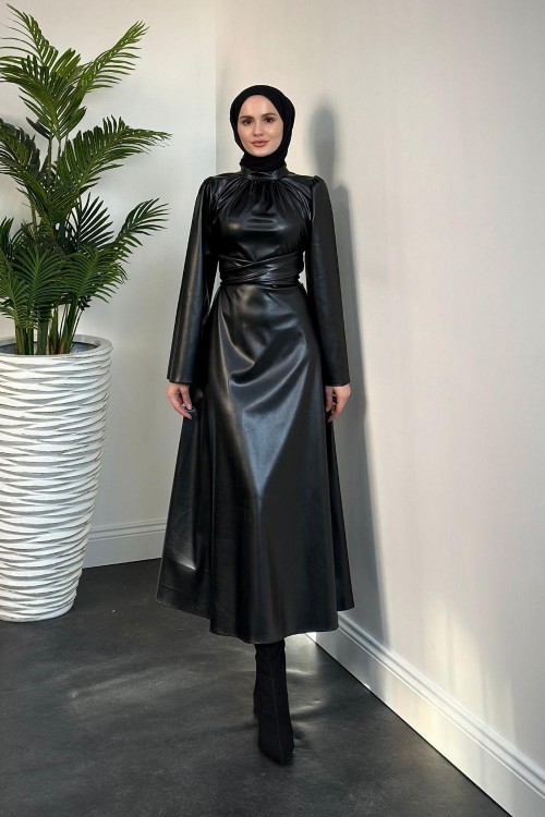 Pauline Çapraz Kemer Deri Elbise Siyah