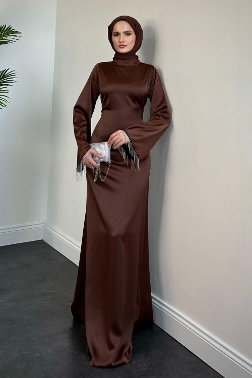 Pena İspanyol Kol Zincir Detay Abiye Kahverengi