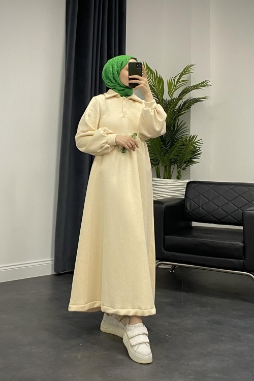 Pera Önü Düğmeli Sweat Elbise Bej