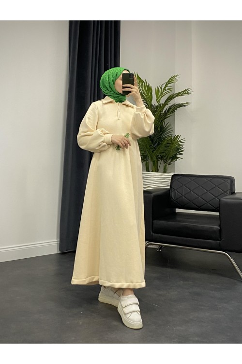 Pera Önü Düğmeli Sweat Elbise Bej