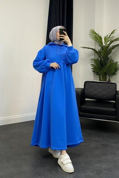 Pera Önü Düğmeli Sweat Elbise Mavi