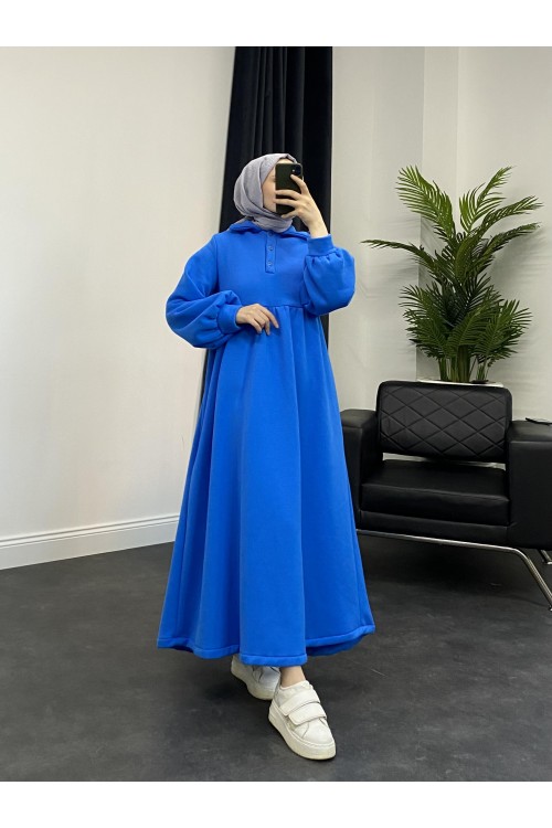 Pera Önü Düğmeli Sweat Elbise Mavi