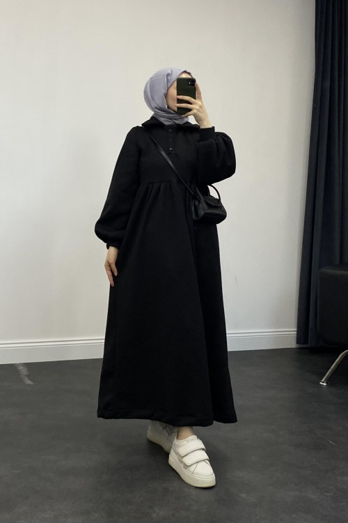 Pera Önü Düğmeli Sweat Elbise Siyah