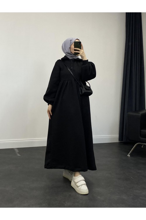 Pera Önü Düğmeli Sweat Elbise Siyah