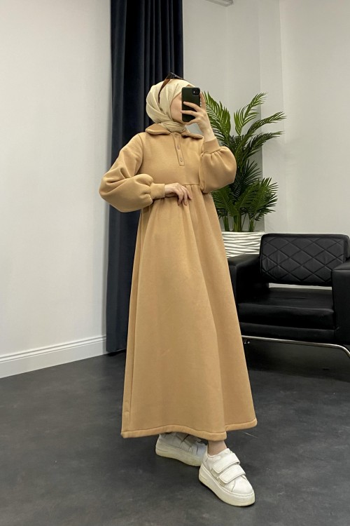 Pera Önü Düğmeli Sweat Elbise SütlüKahve