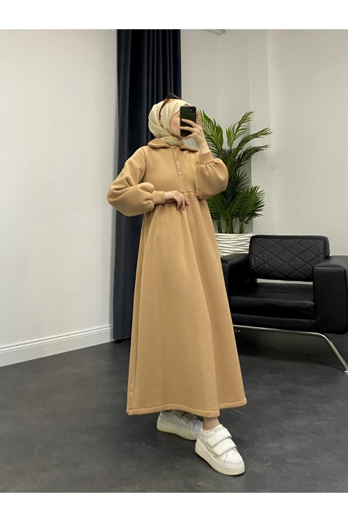 Pera Önü Düğmeli Sweat Elbise SütlüKahve