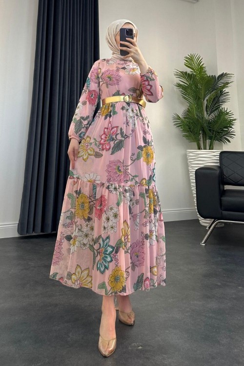 Perla Kemerli Şifon Elbise Pudra