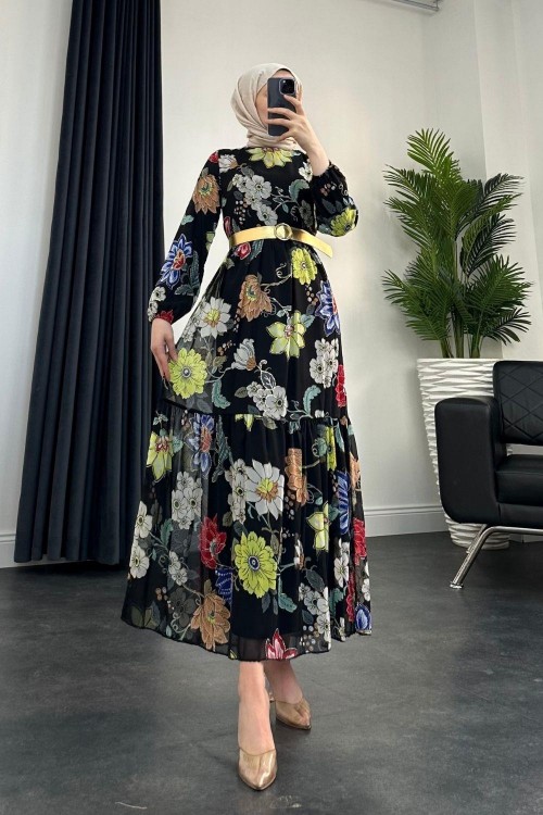 Perla Kemerli Şifon Elbise Siyah