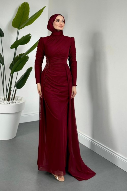 Perlina Yandan İncili Abiye Bordo