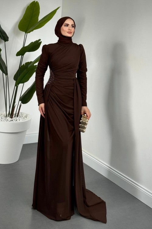 Perlina Yandan İncili Abiye Kahverengi