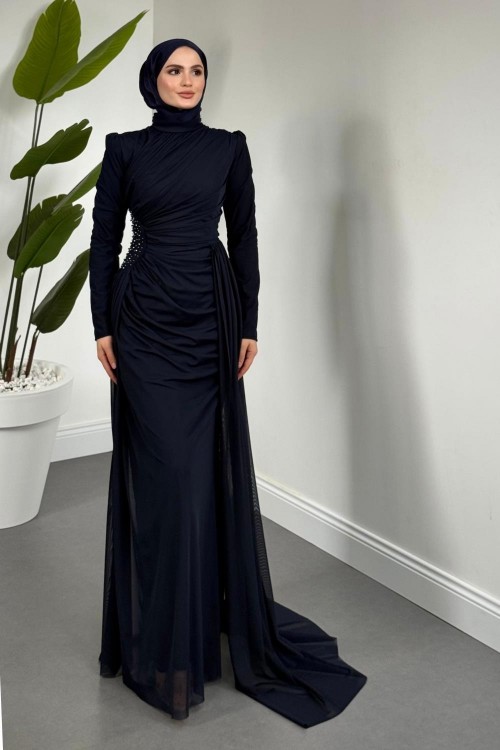 Perlina Yandan İncili Abiye Lacivert