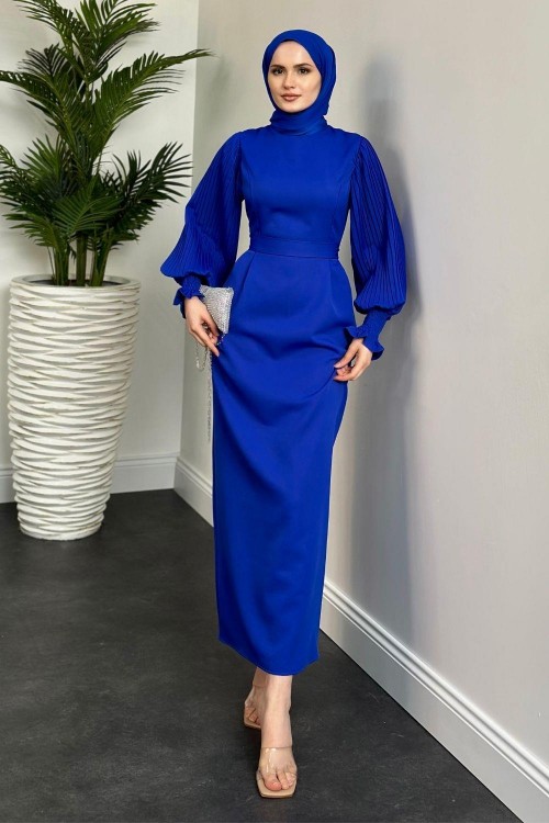 Pia Kolları Pliseli Kalem Elbise Saks