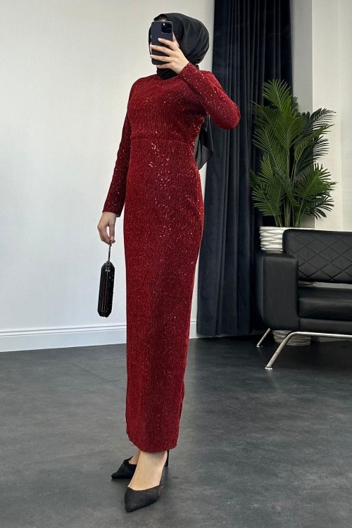 Pilise Payetli Abiye Bordo