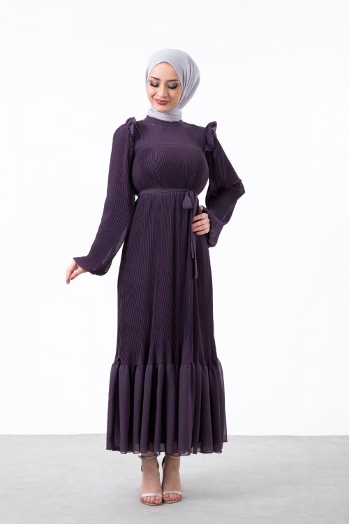 Piliseli Kolu Lastikli Şifon Elbise Lila