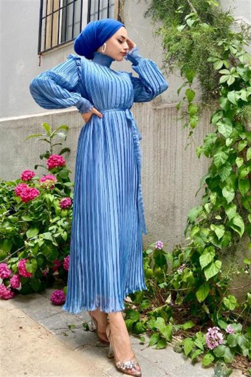 Piliseli Şifon Elbise Mavi