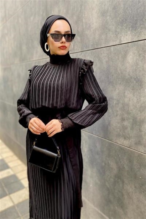 Piliseli Şifon Elbise Siyah