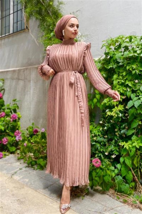 Piliseli Şifon Elbise Vizon