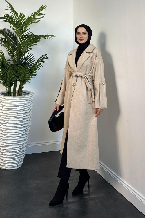 Prianca Astarlı Kuşaklı Kaban Krem