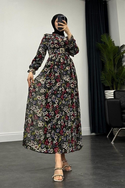 Pura Kalın Kemerli Çiçek Desen Elbise Siyah