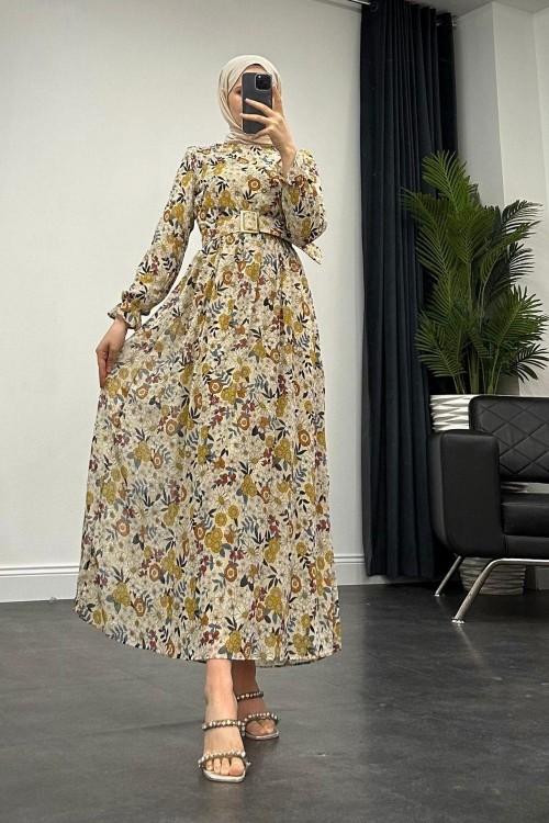 Pura Kalın Kemerli Çiçek Desen Elbise Krem