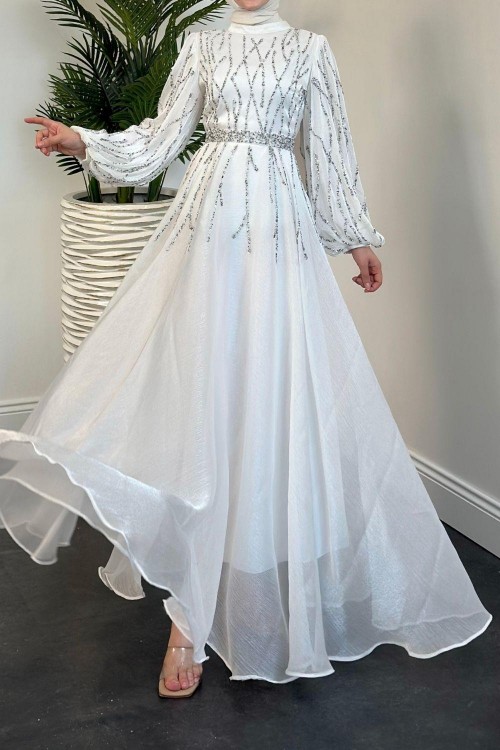 Rabelia Taşlı Abiye Beyaz 