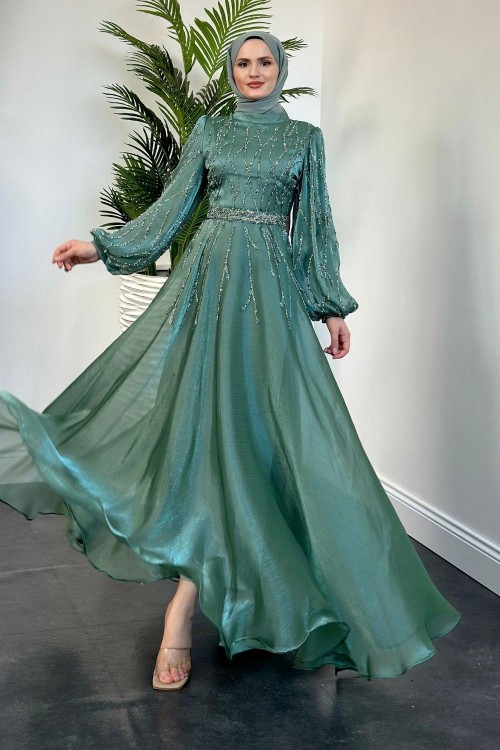 Rabelia Taşlı Abiye Mint Yeşili