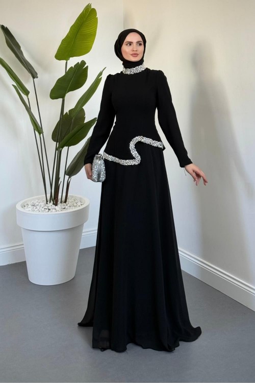 Ravell Boynu Ve Bel Kısmı Taşlı Abiye Siyah