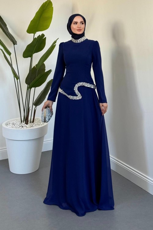 Ravell Boynu Ve Bel Kısmı Taşlı Abiye Lacivert