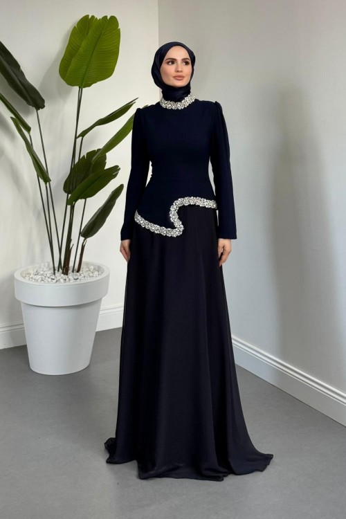 Ravell Boynu Ve Bel Kısmı Taşlı Abiye Koyu Lacivert