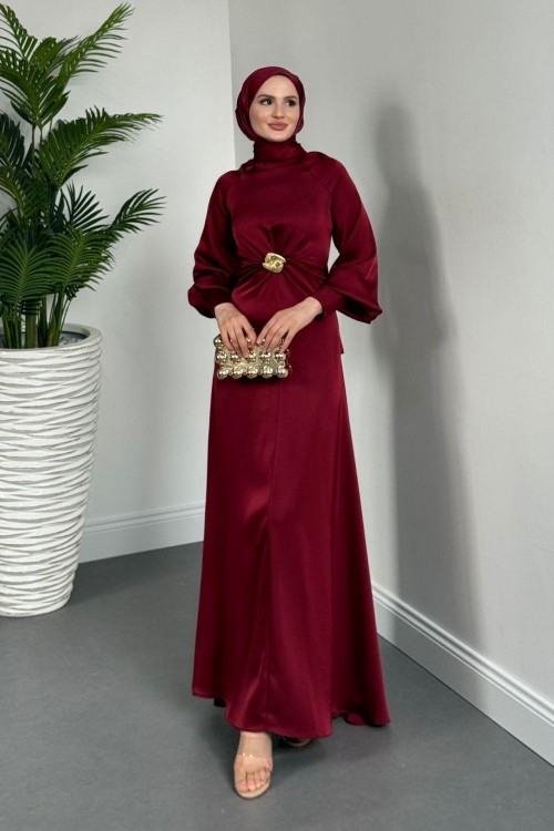 Reneta Seyyar Tokalı Saten Abiye Bordo(TOKASIZ)