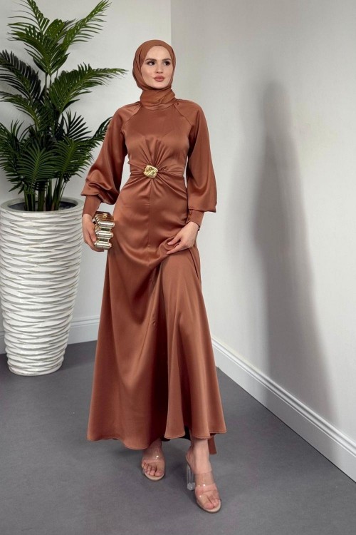 Reneta Seyyar Tokalı Saten Abiye Cappucino(TOKASIZ)