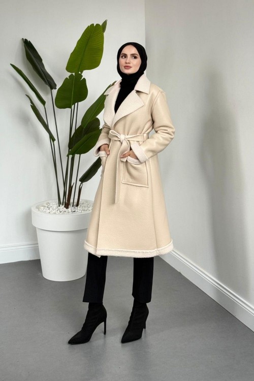 Ribana İçi Kürklü Suni Deri Kaban Krem