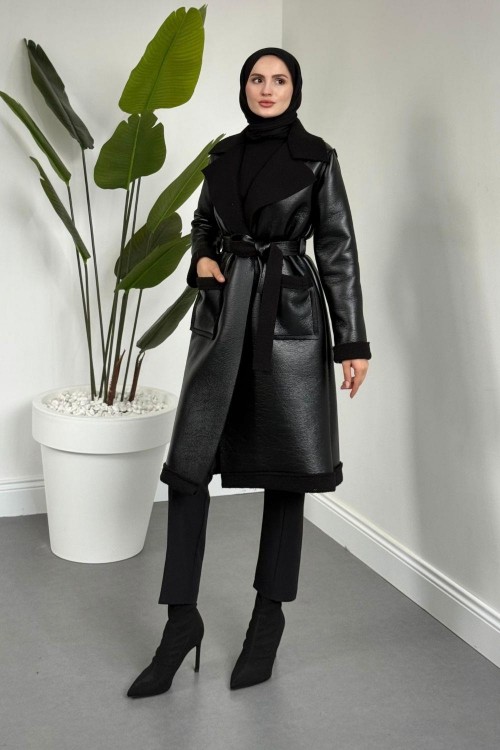 Ribana İçi Kürklü Suni Deri Kaban Siyah