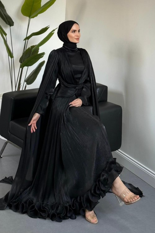 Rienne Pelerinli Pliseli Jan Jan Abiye Siyah