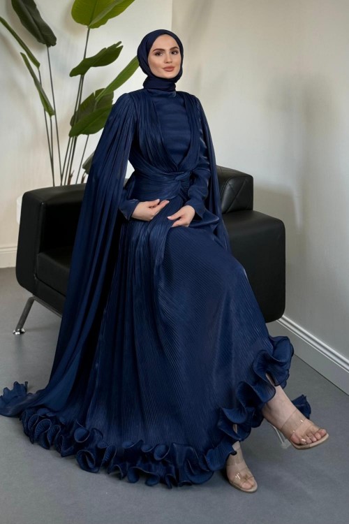 Rienne Pelerinli Pliseli Jan Jan Abiye Lacivert