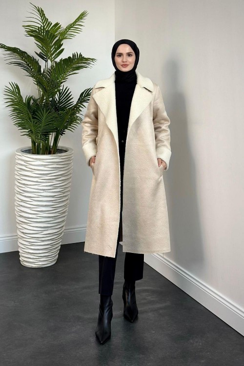 Rima İçi Yünlü Kaşe Kaban Krem