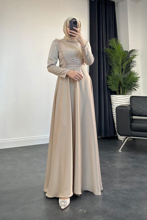 Rishi Tüy Detay Saten Abiye Krem