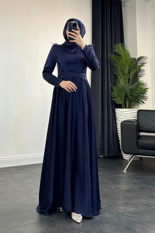 Rishi Tüy Detay Saten Abiye Lacivert