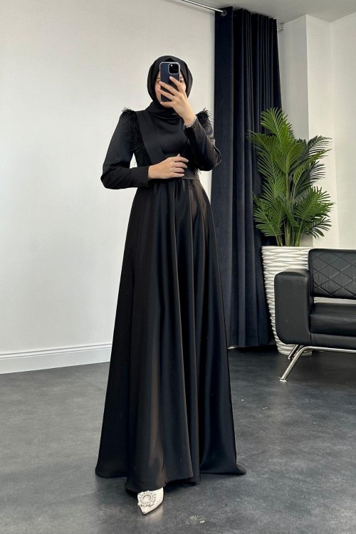 Rishi Tüy Detay Saten Abiye Siyah