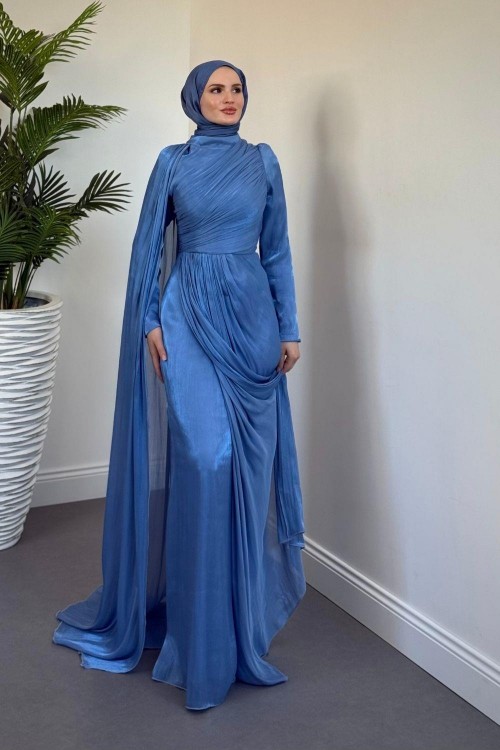 Rosalinne Tek Omuz Pelerinli Drapeli Jan Jan Abiye İndigo