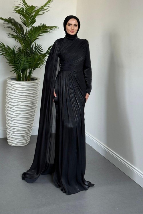 Rosalinne Tek Omuz Pelerinli Drapeli Jan Jan Abiye Siyah