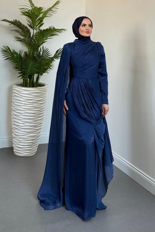Rosalinne Tek Omuz Pelerinli Drapeli Jan Jan Abiye Lacivert