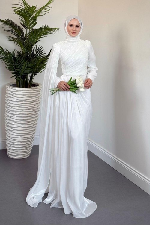 Rosalinne Tek Omuz Pelerinli Drapeli Jan Jan Abiye Beyaz 